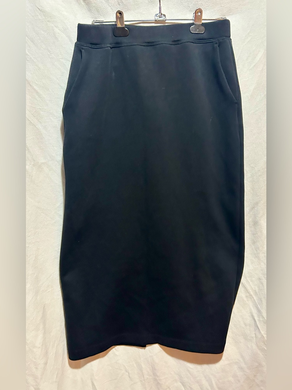 Muji Black Stretch Pencil Midi Skirt with Back Slit Size L